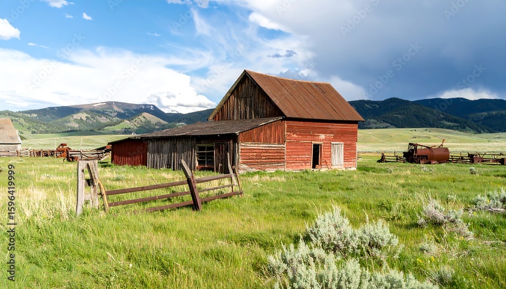 Red barn in a grassy valley Red barn in a grassy valley