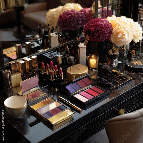 Makeup table with high-end cosmetics arranged by color