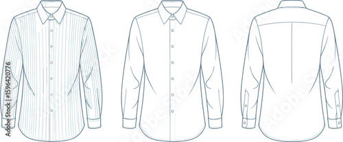CAD drawing flat vector illustration of classic men's dress shirt front and back, fashion garment template for apparel designers