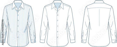 CAD drawing flat vector illustration, men's dress shirt front and back views, technical fashion design template for apparel production