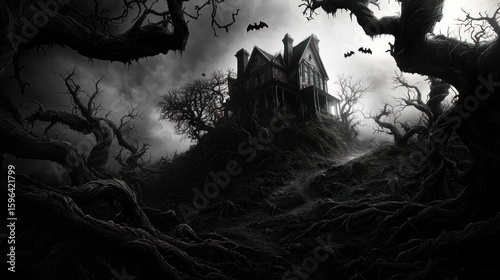 Haunted mansion on hilltop in spooky forest at night