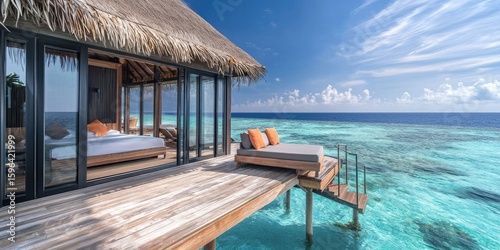 Fototapeta Naklejka Na Ścianę i Meble -  Maldives honeymoon suite with ocean deck and glass doors