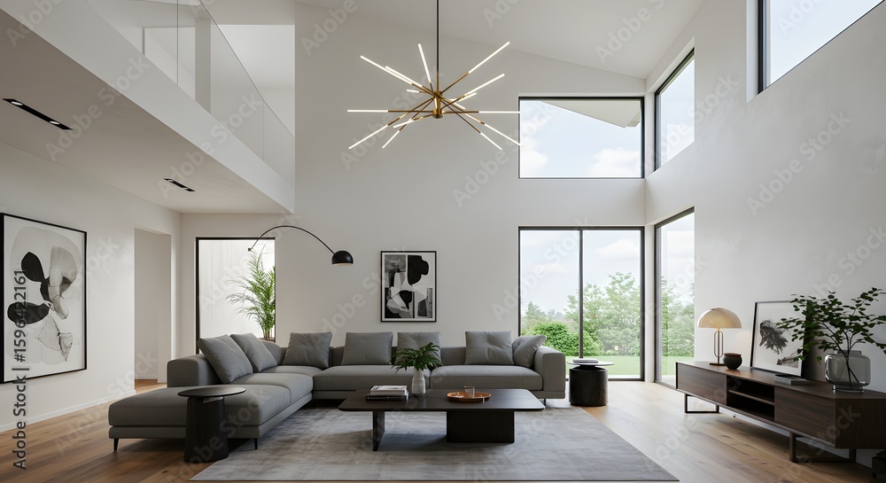 Fototapeta premium Modern Luxury Living Room Interior Design with Large Windows and Minimalist Decor