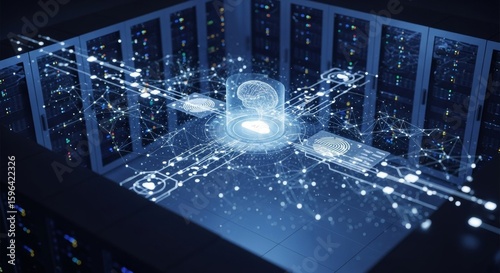 Cloud AI system in a data center with digital connections, symbolizing secure cloud computing, data backup, encryption, and real-time sync. Concepts of digital infrastructure and cybersecurity.