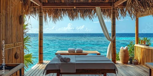 Fototapeta Naklejka Na Ścianę i Meble -  Maldives spa over the sea with bamboo dÃ©cor and open-air massage bed