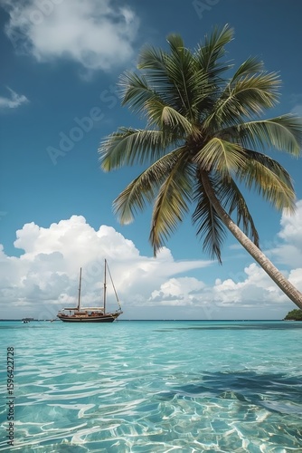 Crystal-clear turquoise water, a leaning palm tree, and a boat create a perfect tropical seascape under a sunny sky.