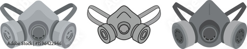 Three Gray Respirator Masks in Different Styles Frontal View Vector Illustration.