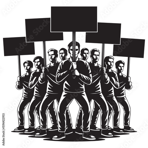 A determined group of diverse men holding blank protest signs in a unified stance for demonstration and activism