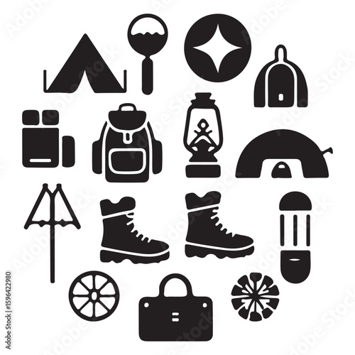 Camping and hiking icon set outdoor adventure symbols