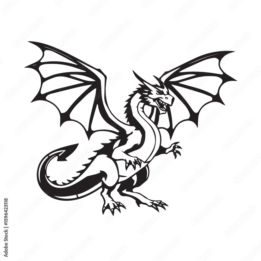 Naklejka premium Majestic black and white dragon with spreading wings in a dynamic pose
