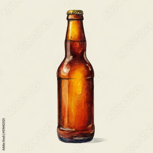 A single beer bottle in a watercolor style. The amber-colored bottle is standing upright, with a golden cap