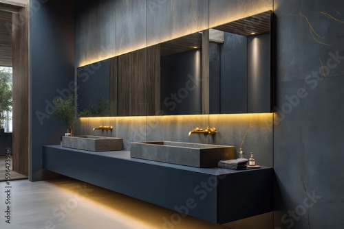 Elegant bathroom in deep navy with brass fixtures and floating mirror, side-lit by warm LED strips creating layered shadow