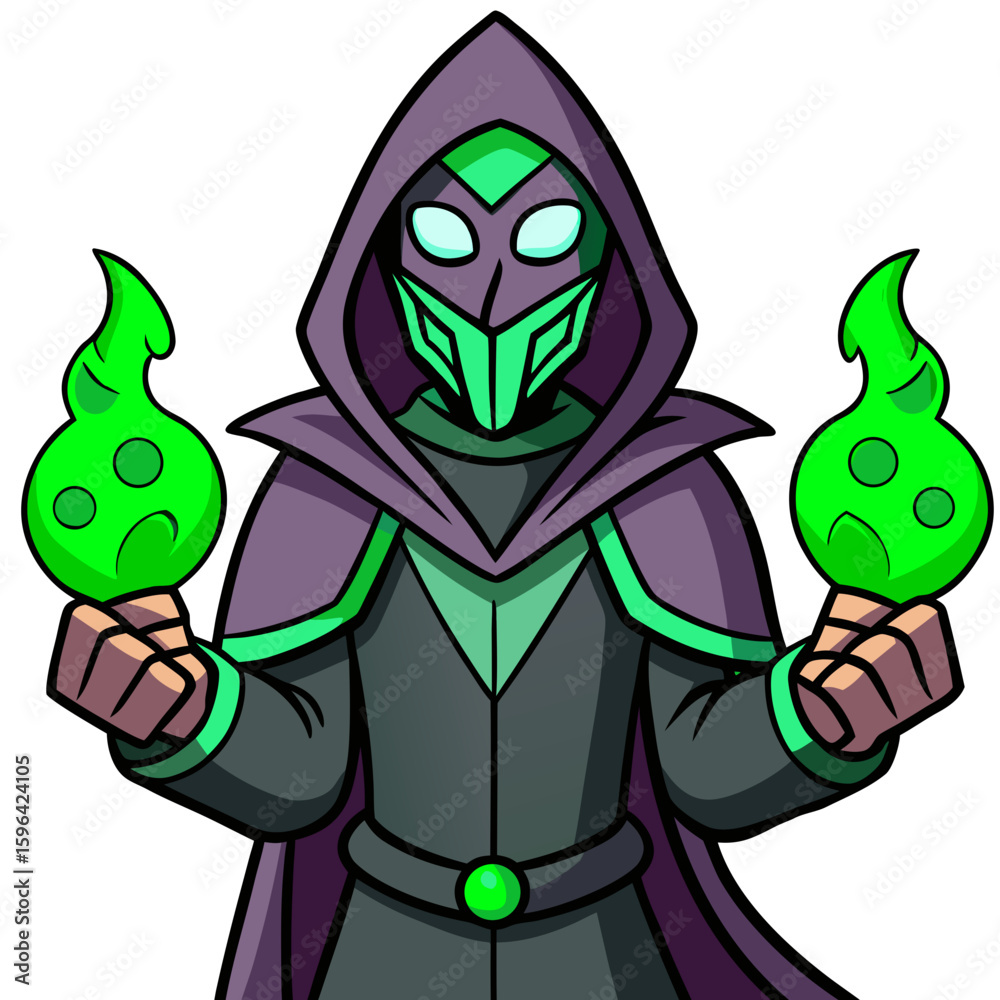 Obraz premium Cartoon Dark Wizard Holding Green Magic Orbs