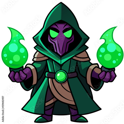 Cartoon Dark Wizard Holding Green Magic Orbs