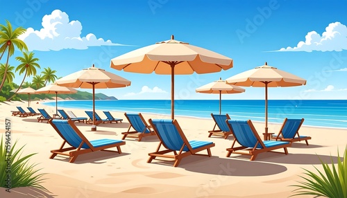 Tropical beach scene with sunbeds and umbrellas