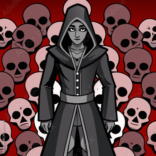 Cartoon Grim Reaper Figure with Skull Background