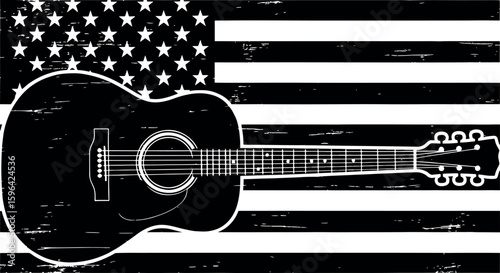 guitar silhouette on a distressed black and white American flag background. Patriotic music concept vector illustration.