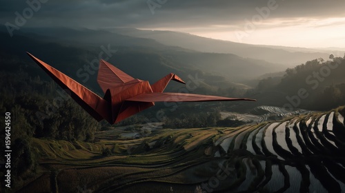 Majestic origami bird soaring above lush terraced fields at sunset in a tranquil landscape