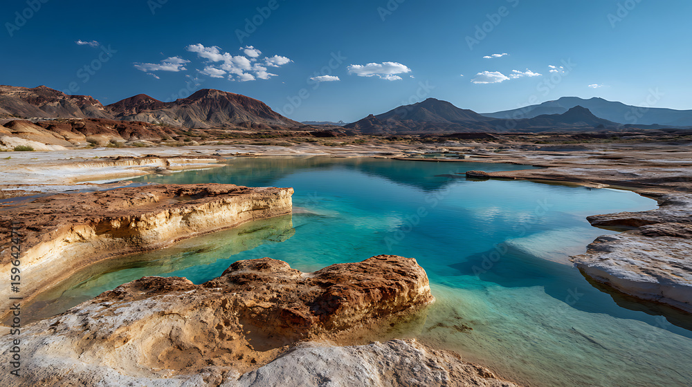 Fototapeta premium Colorful Desert Lakes Framed By Dunes For Environment Or Travel Visuals