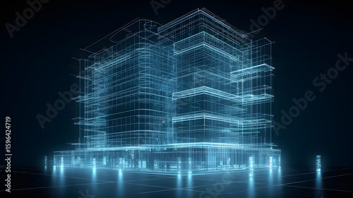 High-tech architectural visualization showing a glowing blue wireframe of a modern office building in a digital twin environment Perfect for smart city concepts architecture firms or tech infrastru