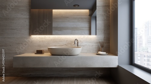 Glossy travertine stone wall bathroom in light gray palette, ambient side lighting a large slit window, bounce on minimalist