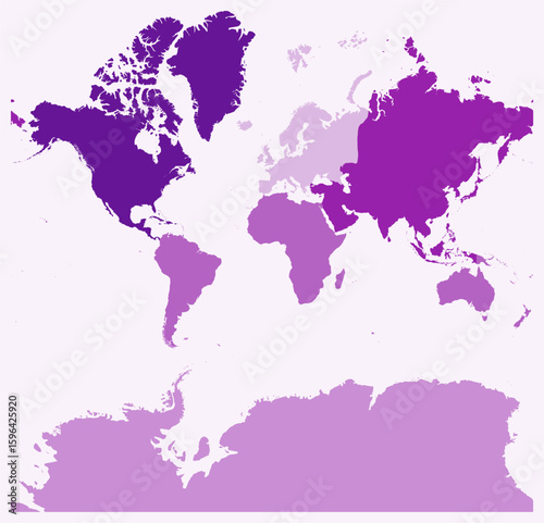 Map of World with continents. Just a simple border map with continent division. Purple color palette. Flat World shape with administrative division. Vector illustration.