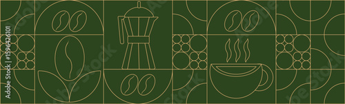 Geometric coffee pattern in minimalist style. Geometric line drawing. Abstract print background with simple shapes for coffee shop, food packaging, cafe wall, menu.