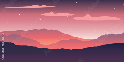 a landscape with silhouettes of mountains against the sunset. The sky is painted in warm pink and purple shades, with clouds and stars