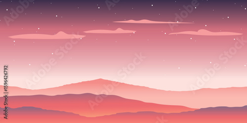 a landscape with silhouettes of mountains against a pink sky that gradually darkens to purple. Several clouds and stars are visible in the sky, creating the atmosphere of an evening sunset.