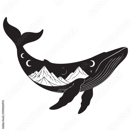 Mystical whale silhouette featuring a cosmic night sky with mountains and crescent moons