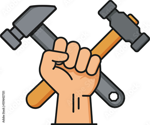 Hand Firmly Gripping Two Hammers Claw Hammer and BallPeen Hammer.