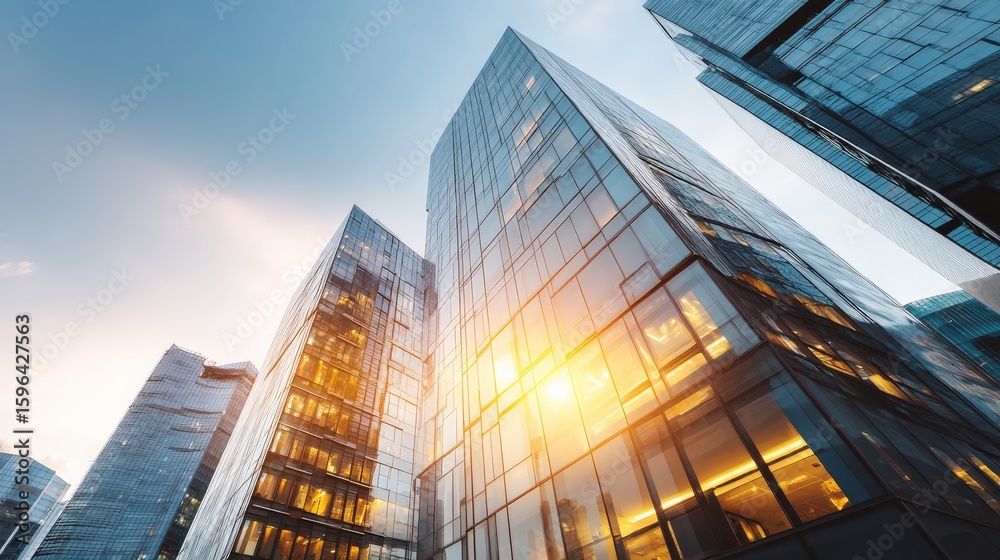 Fototapeta premium Modern glass skyscrapers reflect a vibrant sunset under a clear sky in a dynamic urban cityscape.