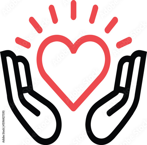 Hands holding a glowing heart with radiating lines in a simple line art style illustration