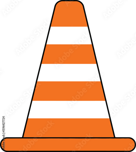 Orange and White Striped Traffic Cone with Black Outline Isolated.