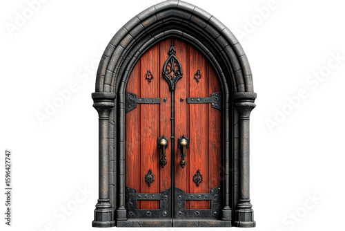 An ancient ornate gothic door beckons with its weathered wood and shadowed stone framing a on transparent background