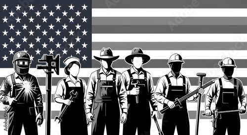 Diverse Group of American Workers in Unity with USA Flag for Labor Day
