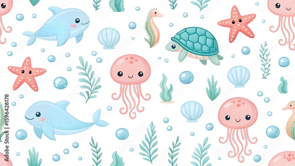 Obraz premium Cute cartoon watercolor seamless pattern of sea creatures and ocean plants