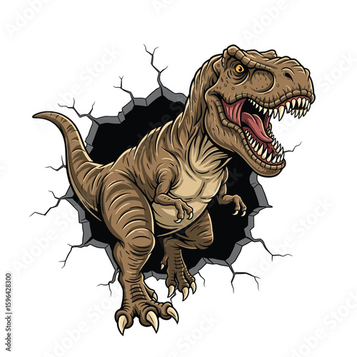 A fierce brown T-rex comes out of a hole in the wall isolated on a white background