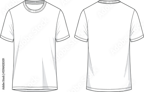 Cad Drawing Flat Vector Illustration, Blank White T-Shirt Template Front Back View Fashion Sketch Apparel Design for Designers and Manufacturers