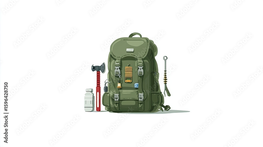 Fototapeta premium Olive Green Backpack with Hiking Gear Pixel Art Illustration