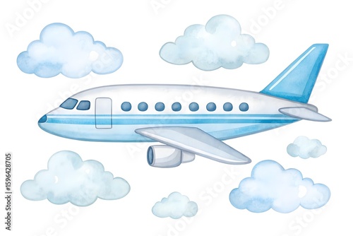 Watercolor airplane flying among fluffy clouds in a blue sky
