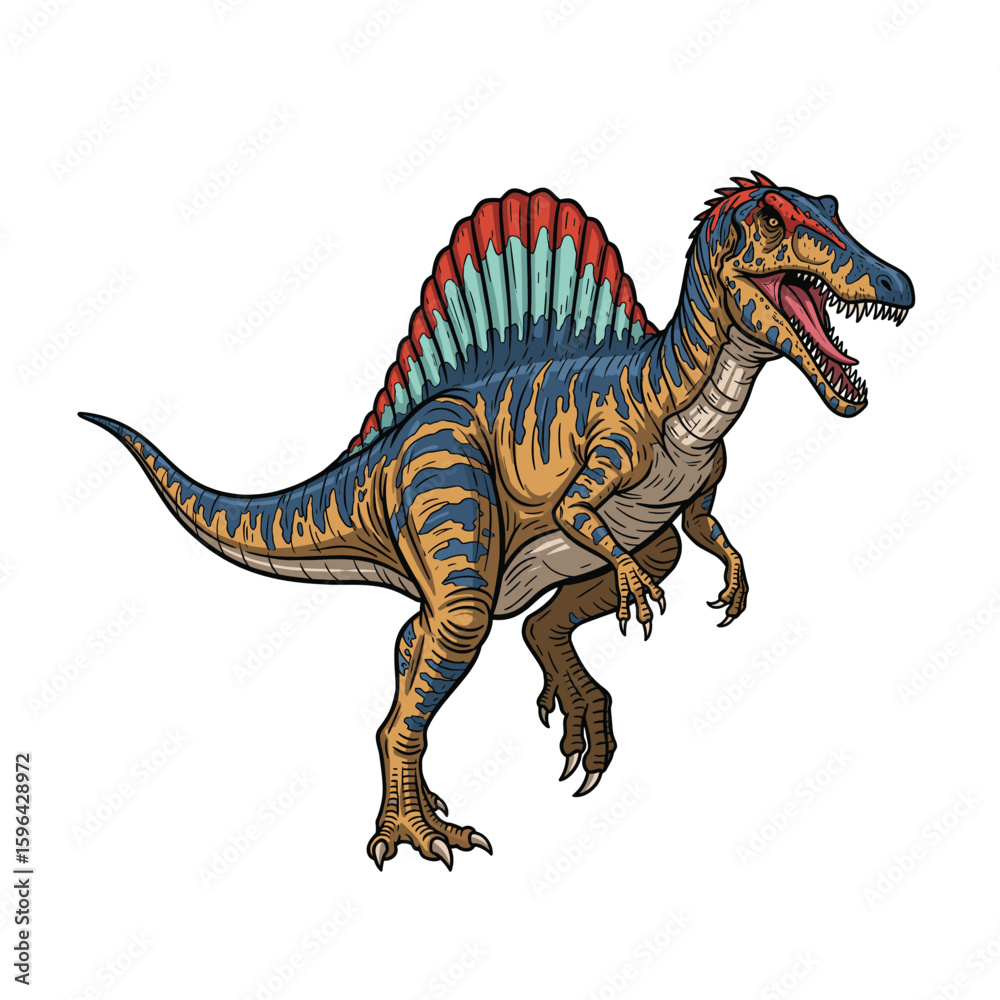 Naklejka premium A fierce brown Spinosaurus stands isolated on a white background