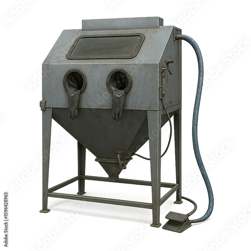 Old Industrial Blasting Cabinet with Gloves and Air Hose for Workshop Use