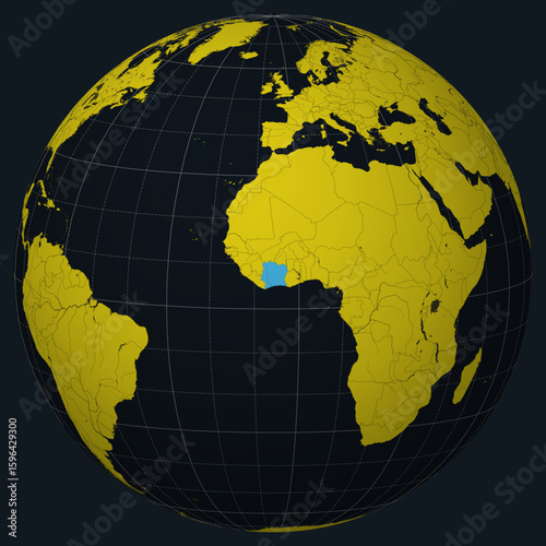 Cote d'Ivoire on Globe. Country view on the world map in Charcoal Bright Yellow color palette. Cote d'Ivoire shape on map. Globe with meridians, parallels, countries, rivers and lakes.