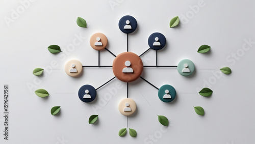 3D Minimalist Team Network Diagram with Eco Elements on White Background