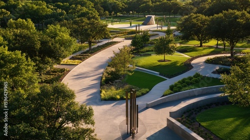 Park pathways, winding through landscaped gardens, tranquil morning light, with playground in background