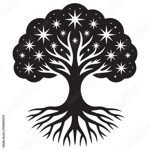 Stylized black silhouette of a mystical tree of life with glowing starbursts in its canopy and intricate root system against a white background