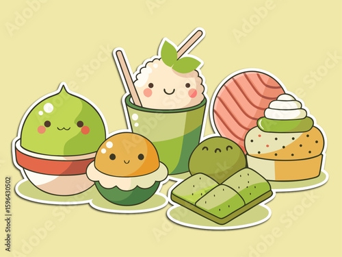 Cute Japanese Sweets and Desserts Illustration with Kawaii Faces on a Yellow Background