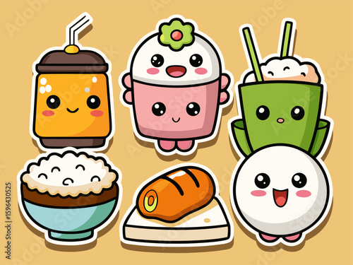 Cute Kawaii Food Stickers Featuring a Drink Cupcake Rice Bowl Sushi and Mochi