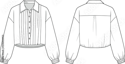 Cropped shirt, pleated front, long sleeve, button-up style, collar design, fashion sketch, CAD drawing, flat vector illustration, apparel template, trendy womenswear